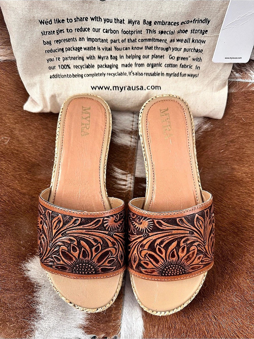 MYRA Embroidered Leather Wedge Sandals in Brown & Tan